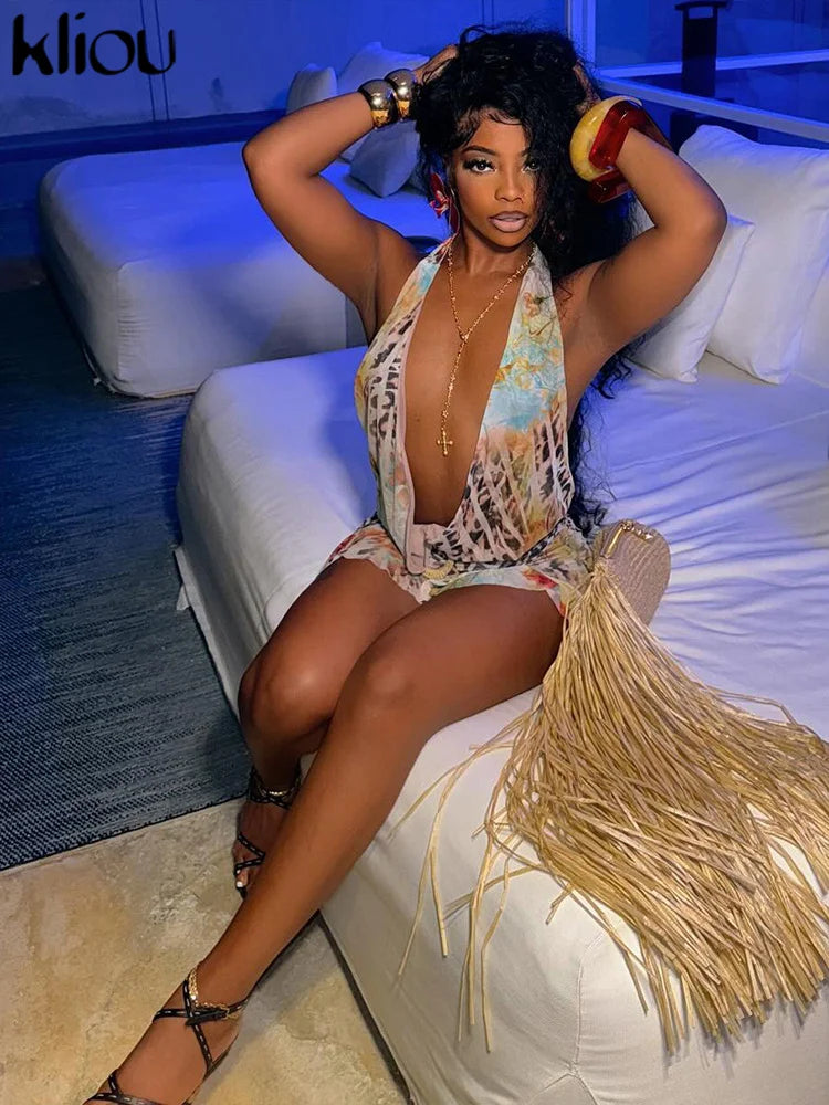 Aesthetic Printed Women Mini Dress with Sexy Halter Neck Deep V-Neck Ruffle Backless Design Bodycon Fit for Festival and Trendy Events