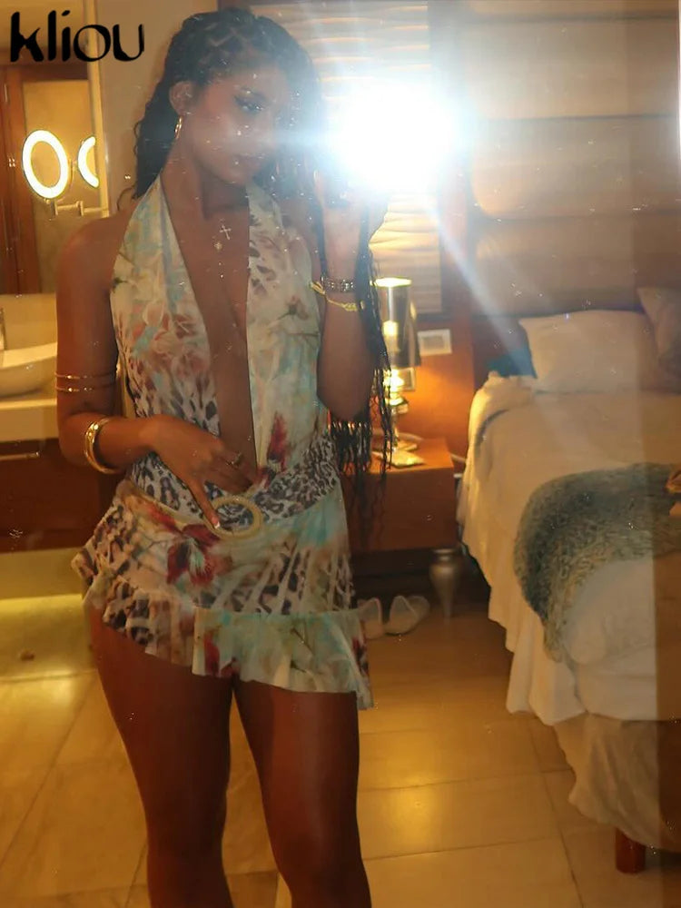 Aesthetic Printed Women Mini Dress with Sexy Halter Neck Deep V-Neck Ruffle Backless Design Bodycon Fit for Festival and Trendy Events