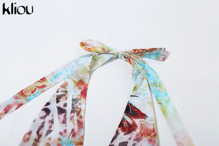 Aesthetic Printed Women Mini Dress with Sexy Halter Neck Deep V-Neck Ruffle Backless Design Bodycon Fit for Festival and Trendy Events