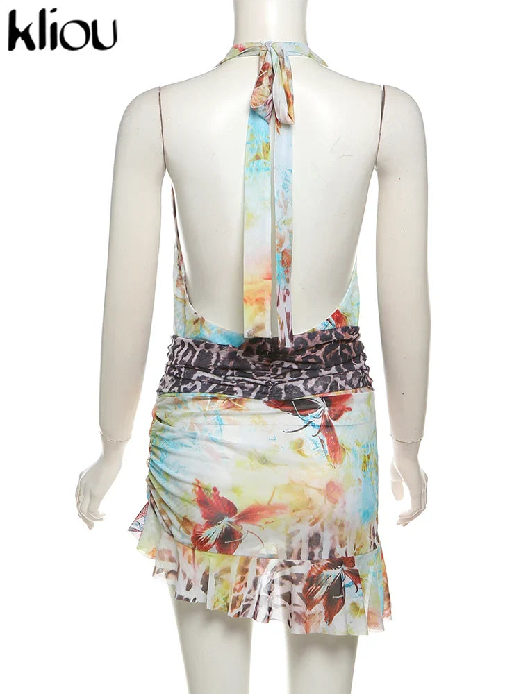 Aesthetic Printed Women Mini Dress with Sexy Halter Neck Deep V-Neck Ruffle Backless Design Bodycon Fit for Festival and Trendy Events