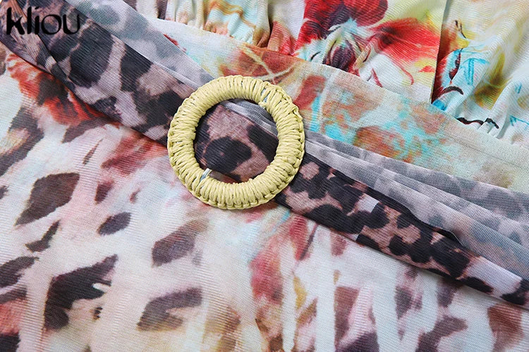 Aesthetic Printed Women Mini Dress with Sexy Halter Neck Deep V-Neck Ruffle Backless Design Bodycon Fit for Festival and Trendy Events