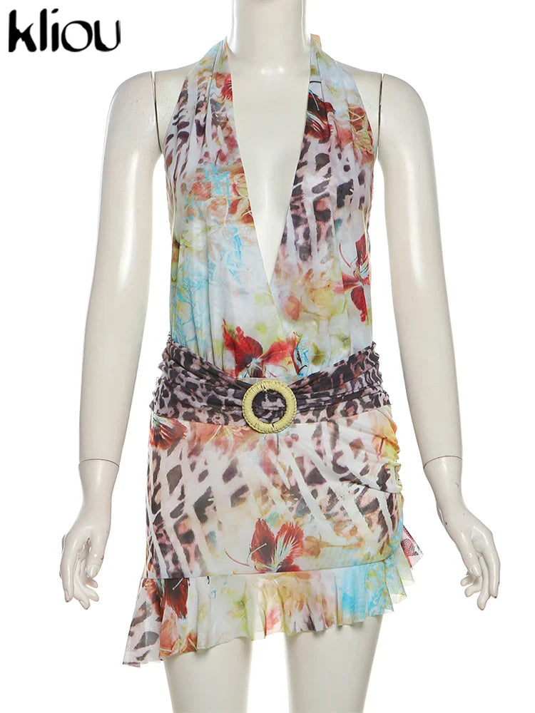Aesthetic Printed Women Mini Dress with Sexy Halter Neck Deep V-Neck Ruffle Backless Design Bodycon Fit for Festival and Trendy Events