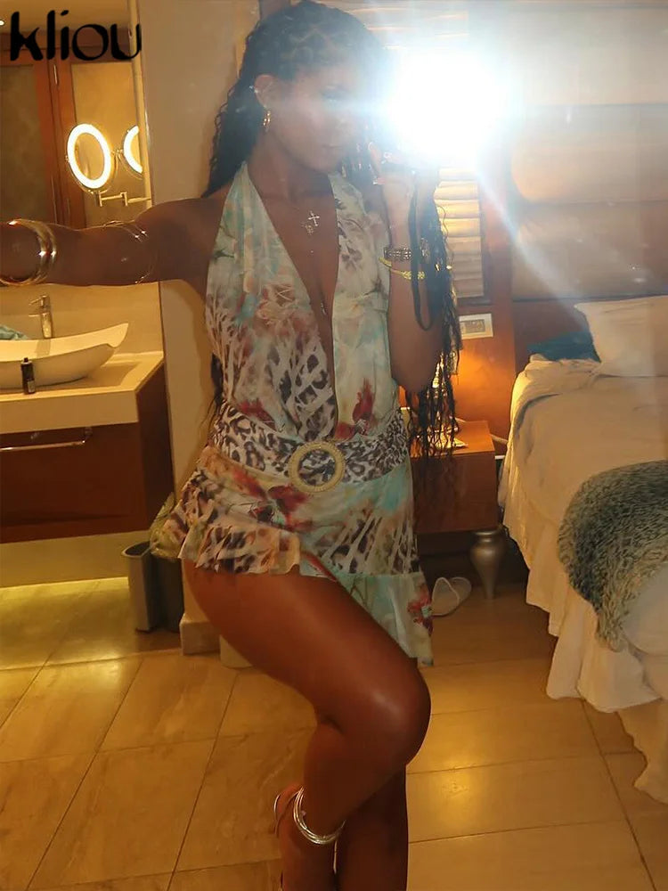 Aesthetic Printed Women Mini Dress with Sexy Halter Neck Deep V-Neck Ruffle Backless Design Bodycon Fit for Festival and Trendy Events