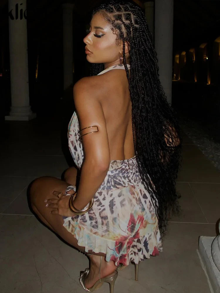 Aesthetic Printed Women Mini Dress with Sexy Halter Neck Deep V-Neck Ruffle Backless Design Bodycon Fit for Festival and Trendy Events