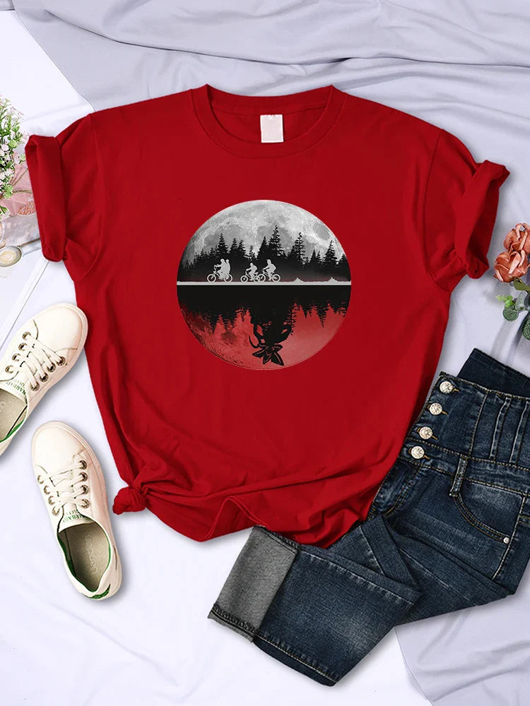 Boys Riding Bicycles Print T-Shirt for Women Casual Summer Hip Hop Breathable Short Sleeve Tee