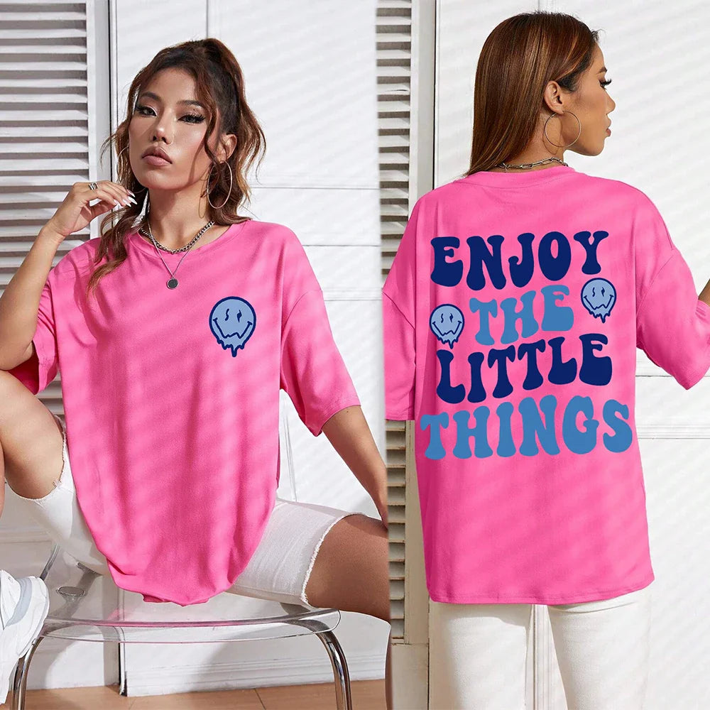 Enjoy The Little Things Slogan Printed Oversized Cotton T-Shirt for Women Casual Streetwear Loose Fit Short Sleeve Top