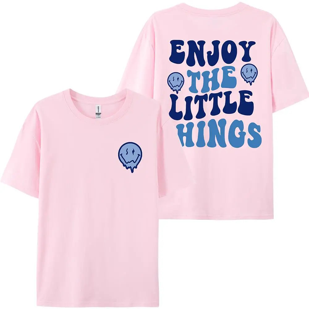 Enjoy The Little Things Slogan Printed Oversized Cotton T-Shirt for Women Casual Streetwear Loose Fit Short Sleeve Top