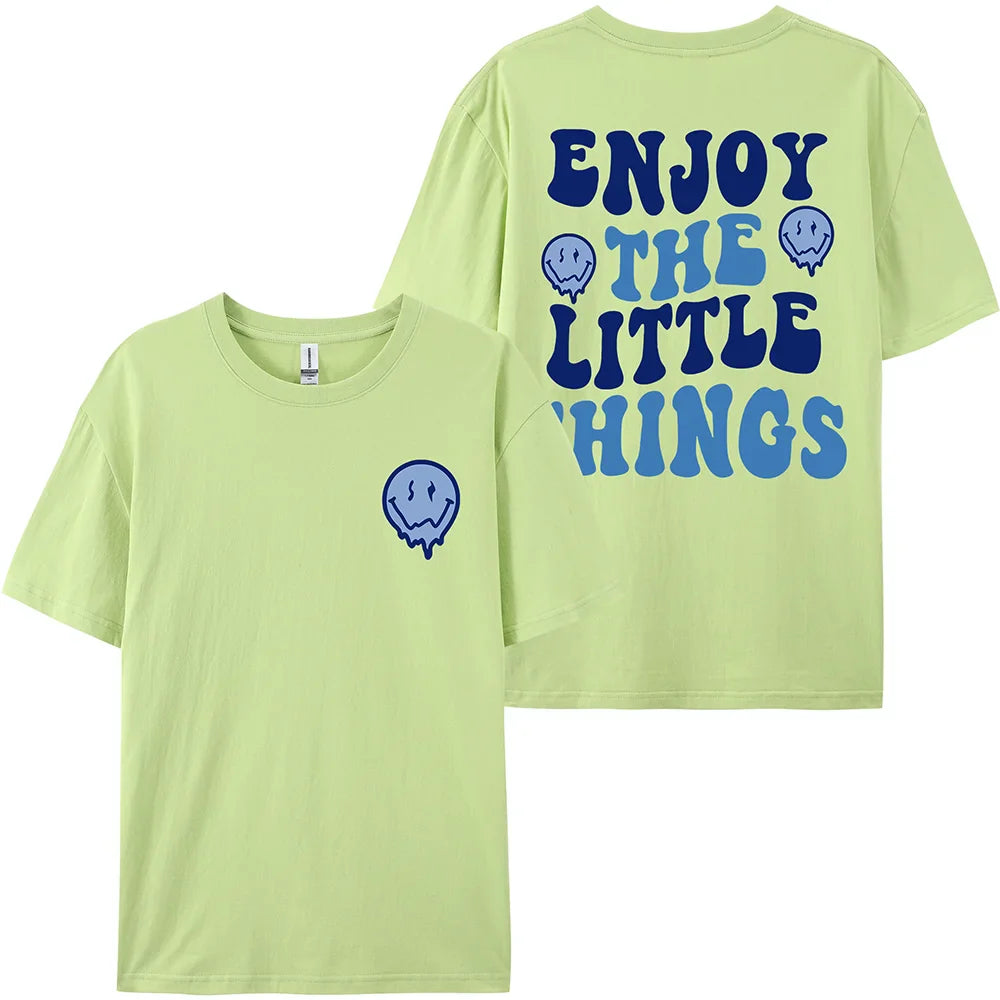 Enjoy The Little Things Slogan Printed Oversized Cotton T-Shirt for Women Casual Streetwear Loose Fit Short Sleeve Top