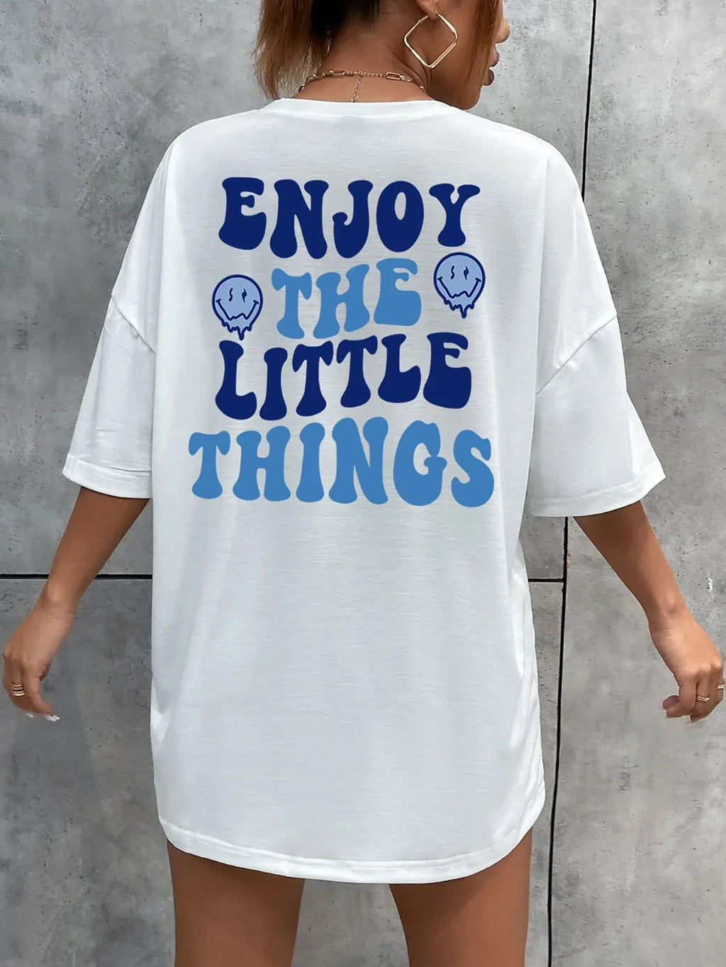 Enjoy The Little Things Slogan Printed Oversized Cotton T-Shirt for Women Casual Streetwear Loose Fit Short Sleeve Top