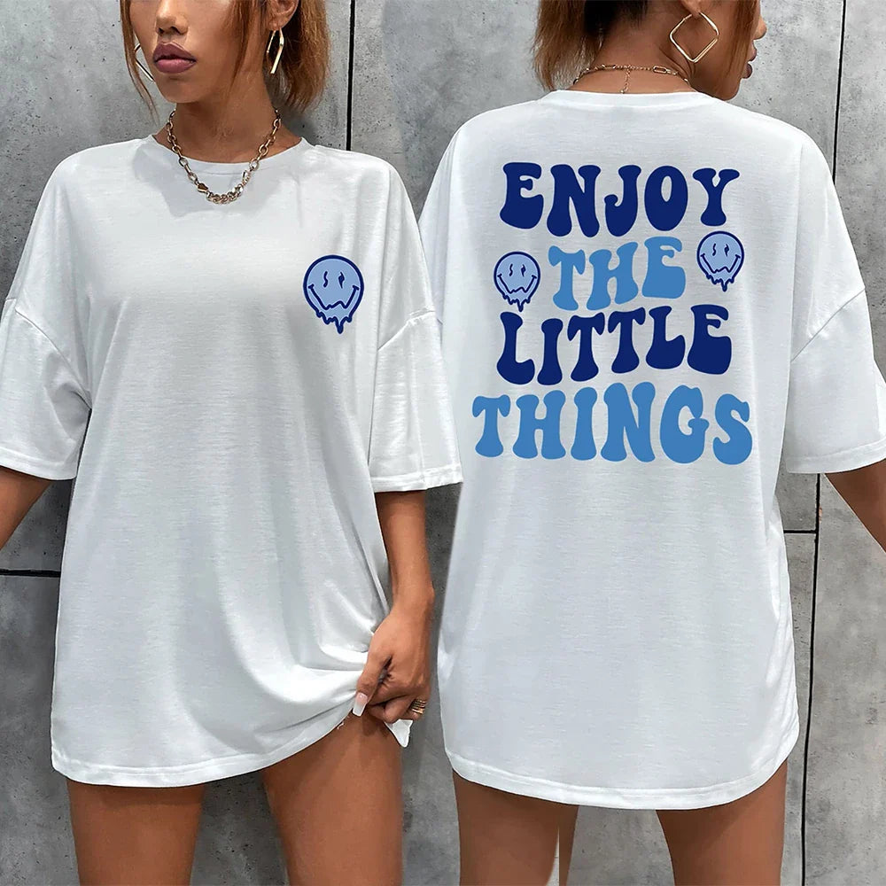 Enjoy The Little Things Slogan Printed Oversized Cotton T-Shirt for Women Casual Streetwear Loose Fit Short Sleeve Top