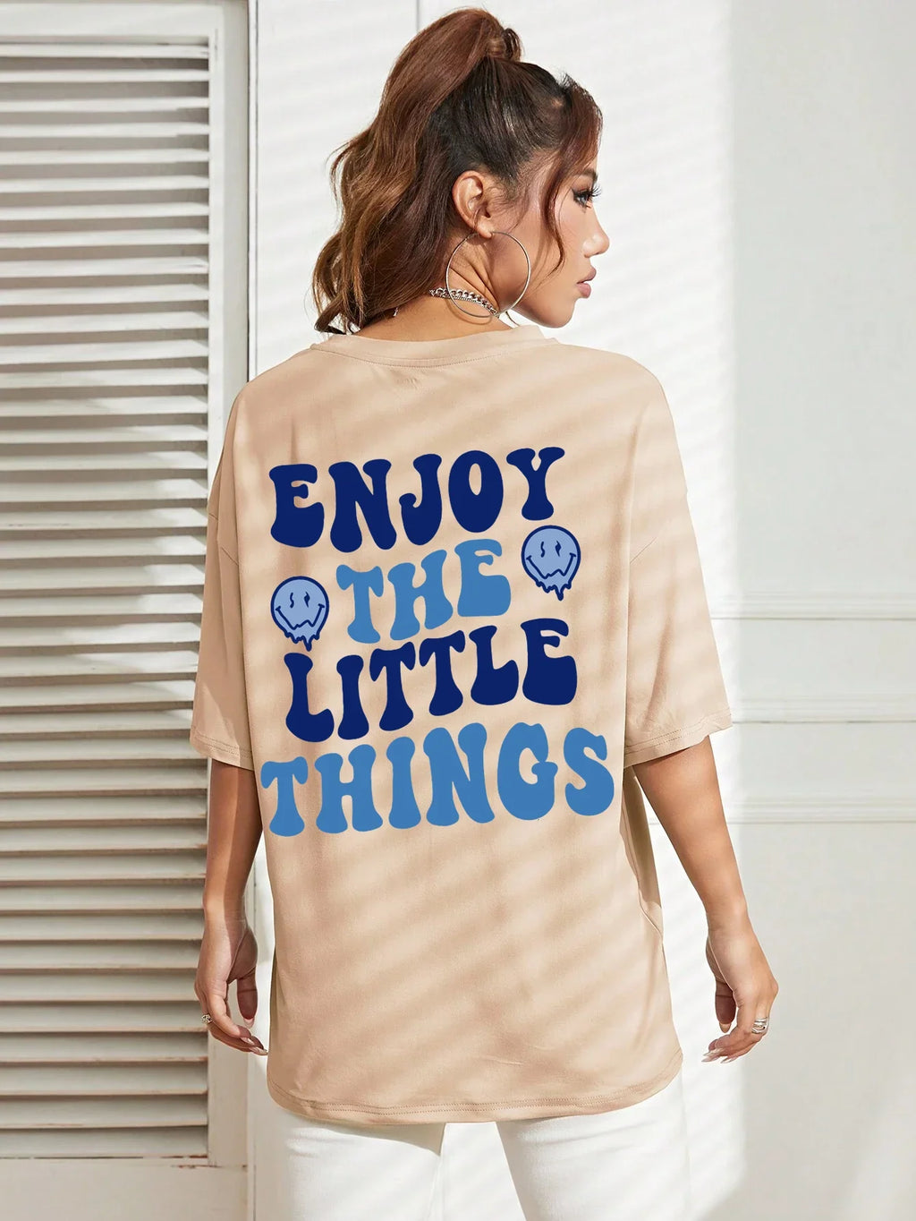 Enjoy The Little Things Slogan Printed Oversized Cotton T-Shirt for Women Casual Streetwear Loose Fit Short Sleeve Top