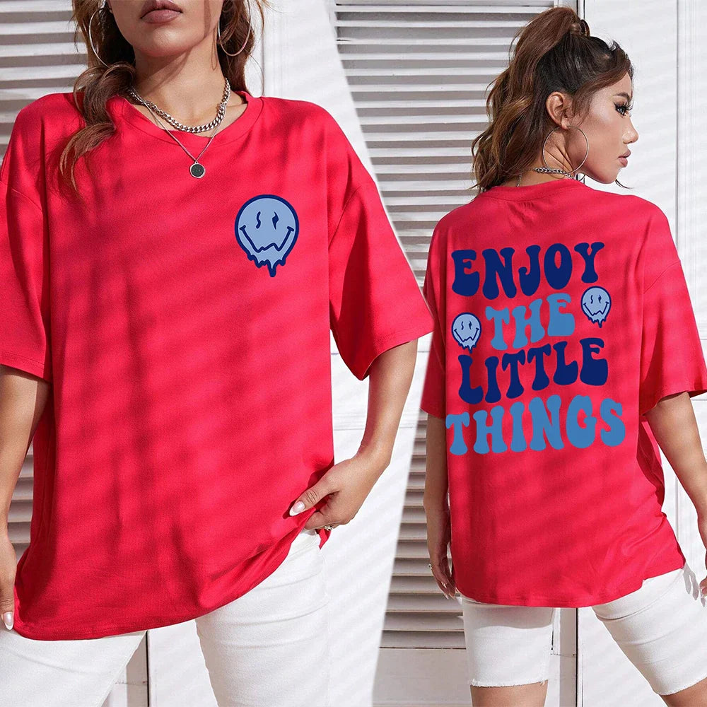Enjoy The Little Things Slogan Printed Oversized Cotton T-Shirt for Women Casual Streetwear Loose Fit Short Sleeve Top