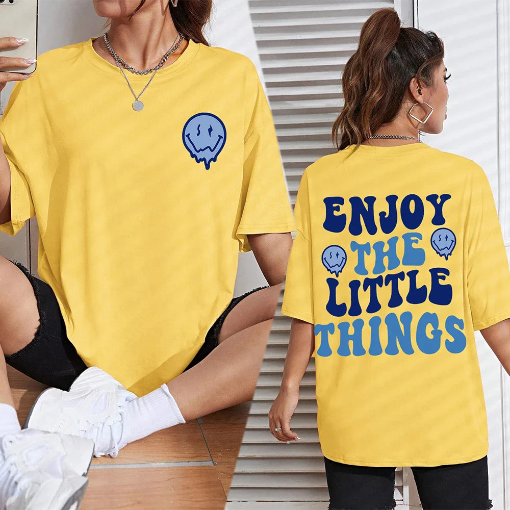 Enjoy The Little Things Slogan Printed Oversized Cotton T-Shirt for Women Casual Streetwear Loose Fit Short Sleeve Top