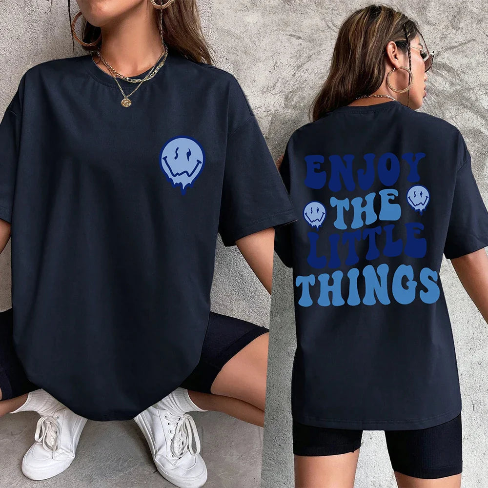 Enjoy The Little Things Slogan Printed Oversized Cotton T-Shirt for Women Casual Streetwear Loose Fit Short Sleeve Top