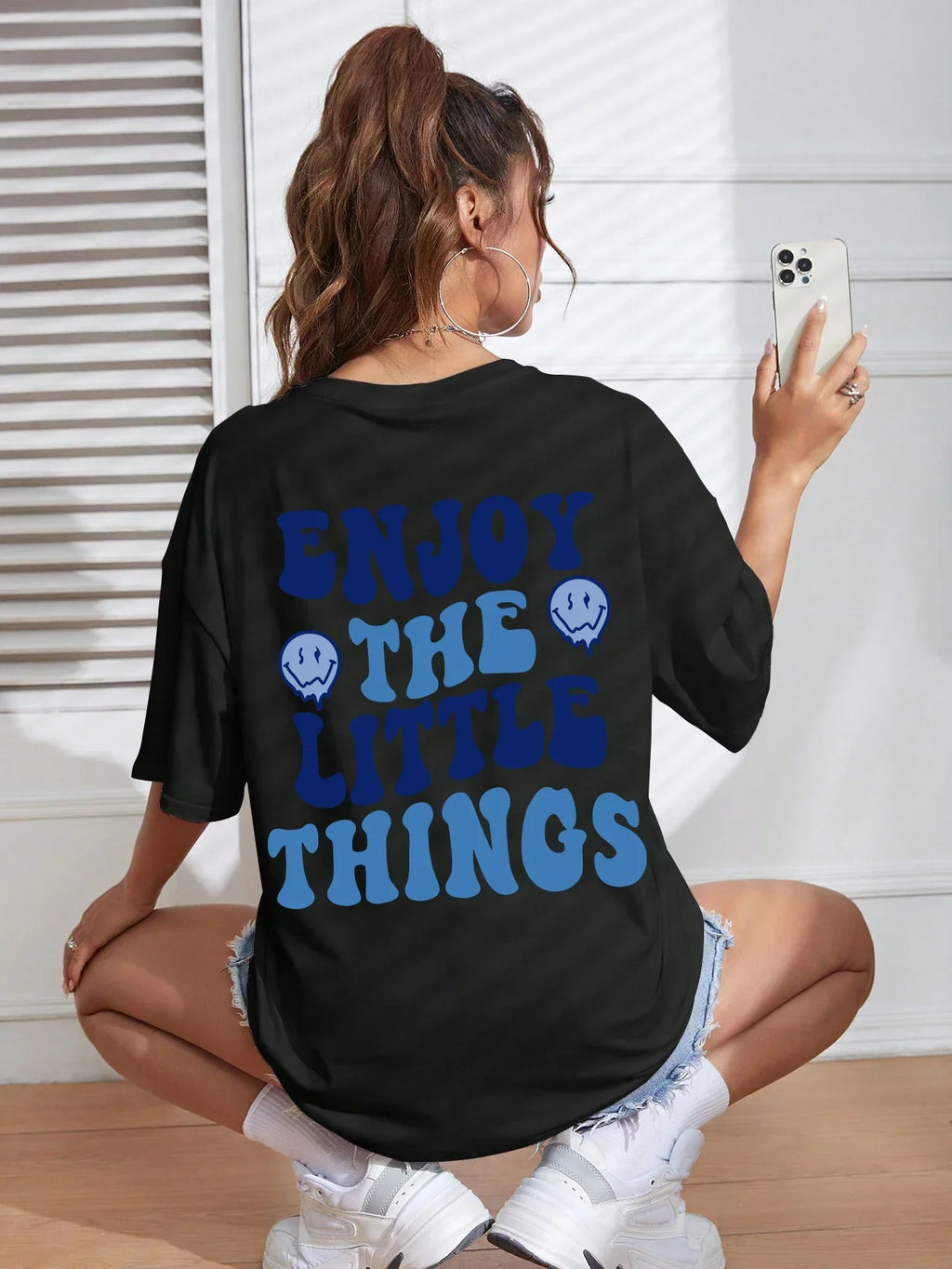 Enjoy The Little Things Slogan Printed Oversized Cotton T-Shirt for Women Casual Streetwear Loose Fit Short Sleeve Top