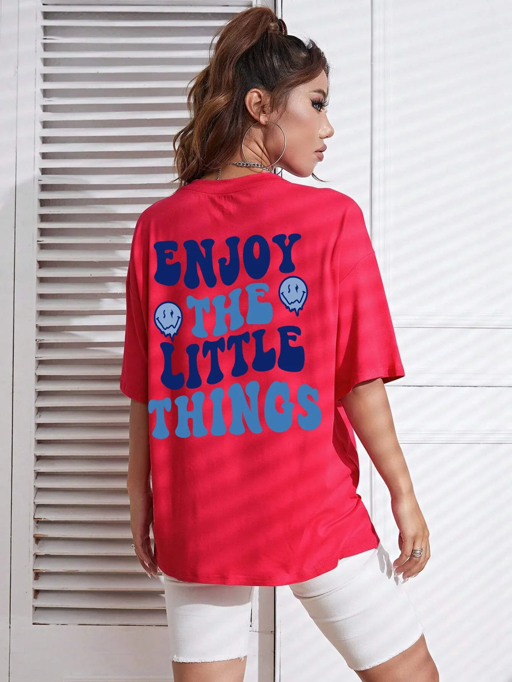Enjoy The Little Things Slogan Printed Oversized Cotton T-Shirt for Women Casual Streetwear Loose Fit Short Sleeve Top