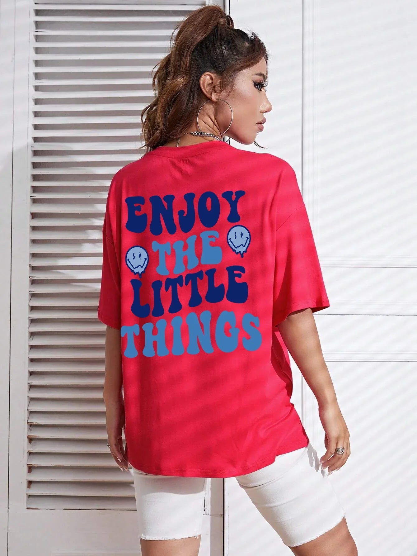Enjoy The Little Things Slogan Printed Oversized Cotton T-Shirt for Women Casual Streetwear Loose Fit Short Sleeve Top