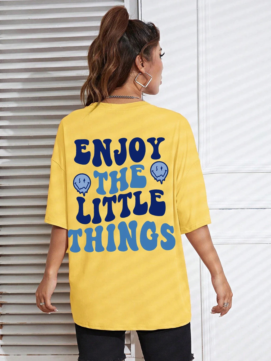 Enjoy The Little Things Slogan Printed Oversized Cotton T-Shirt for Women Casual Streetwear Loose Fit Short Sleeve Top