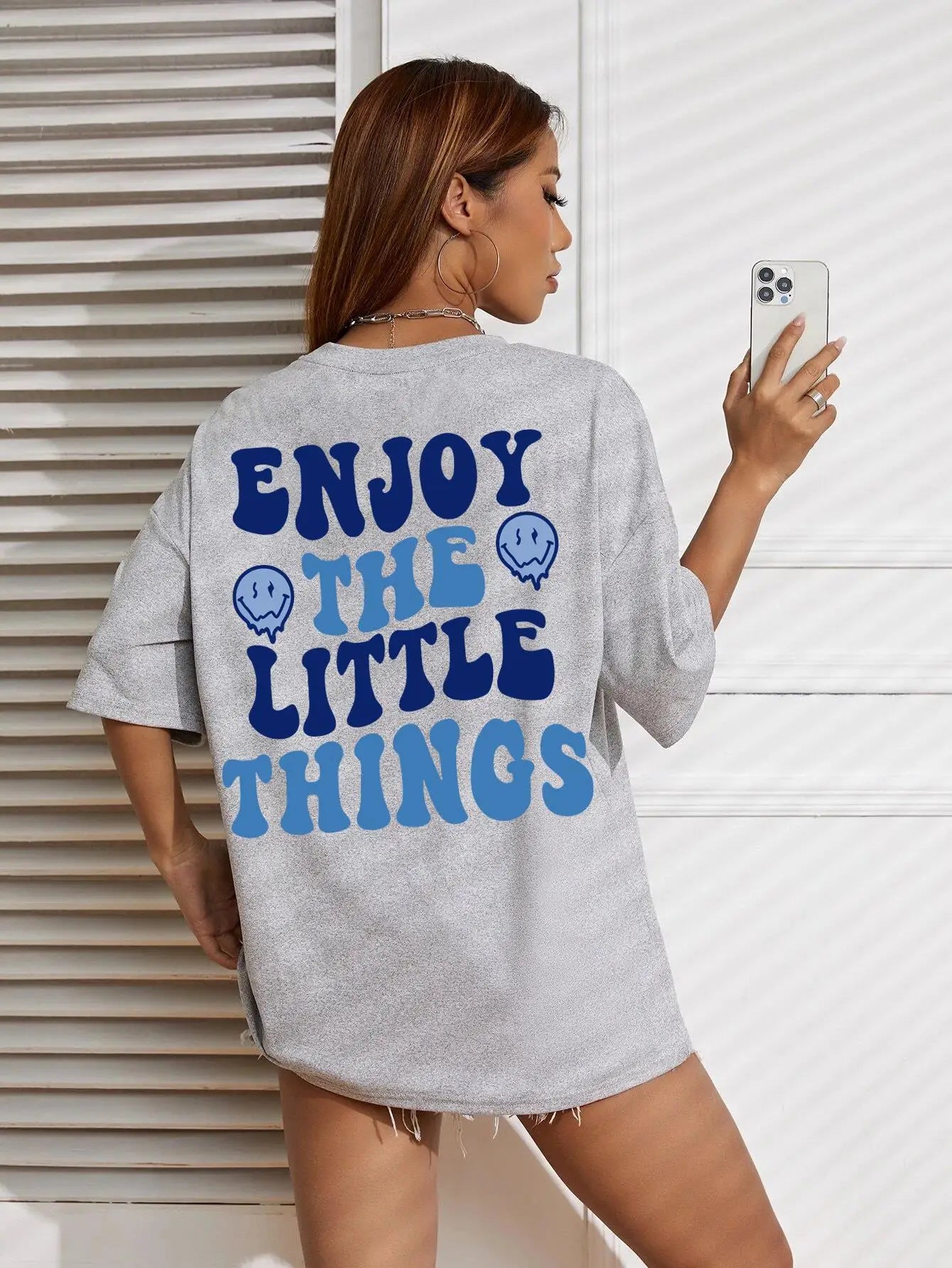 Enjoy The Little Things Slogan Printed Oversized Cotton T-Shirt for Women Casual Streetwear Loose Fit Short Sleeve Top