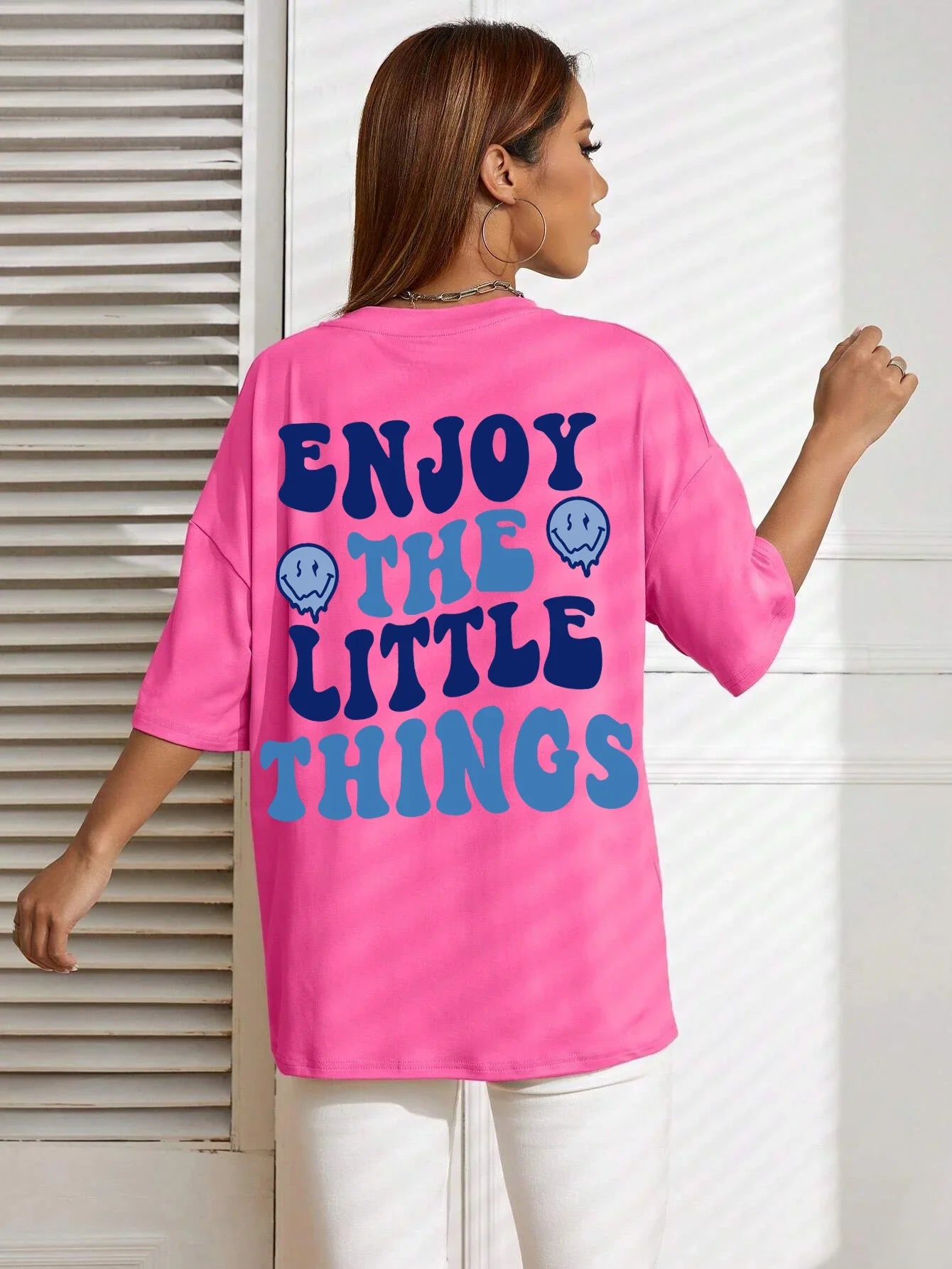 Enjoy The Little Things Slogan Printed Oversized Cotton T-Shirt for Women Casual Streetwear Loose Fit Short Sleeve Top