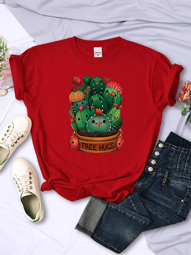 Cute Plant Cactus Free Hugs Print Women's Short Sleeve T-Shirt Casual Personality Street Hip Hop Style All-Match Tee Top