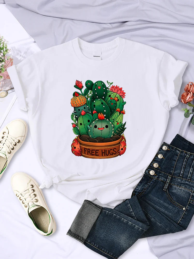 Cute Plant Cactus Free Hugs Print Women's Short Sleeve T-Shirt Casual Personality Street Hip Hop Style All-Match Tee Top
