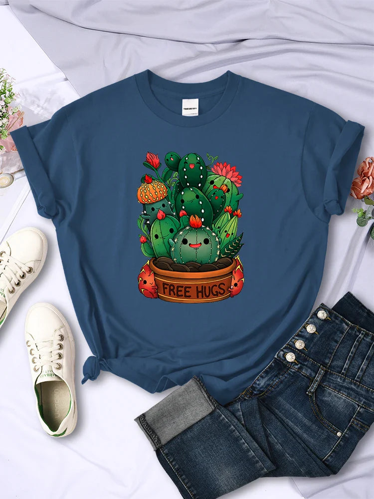 Cute Plant Cactus Free Hugs Print Women's Short Sleeve T-Shirt Casual Personality Street Hip Hop Style All-Match Tee Top