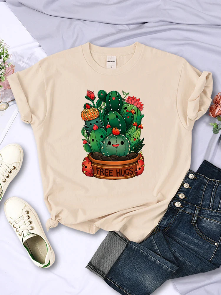 Cute Plant Cactus Free Hugs Print Women's Short Sleeve T-Shirt Casual Personality Street Hip Hop Style All-Match Tee Top