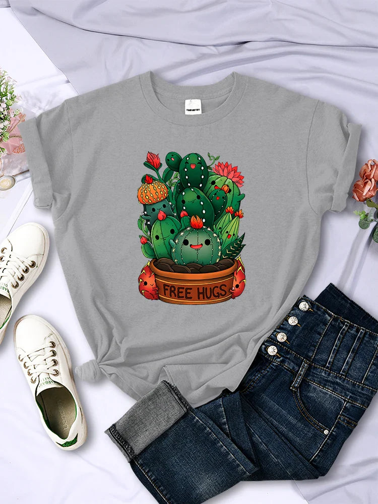 Cute Plant Cactus Free Hugs Print Women's Short Sleeve T-Shirt Casual Personality Street Hip Hop Style All-Match Tee Top