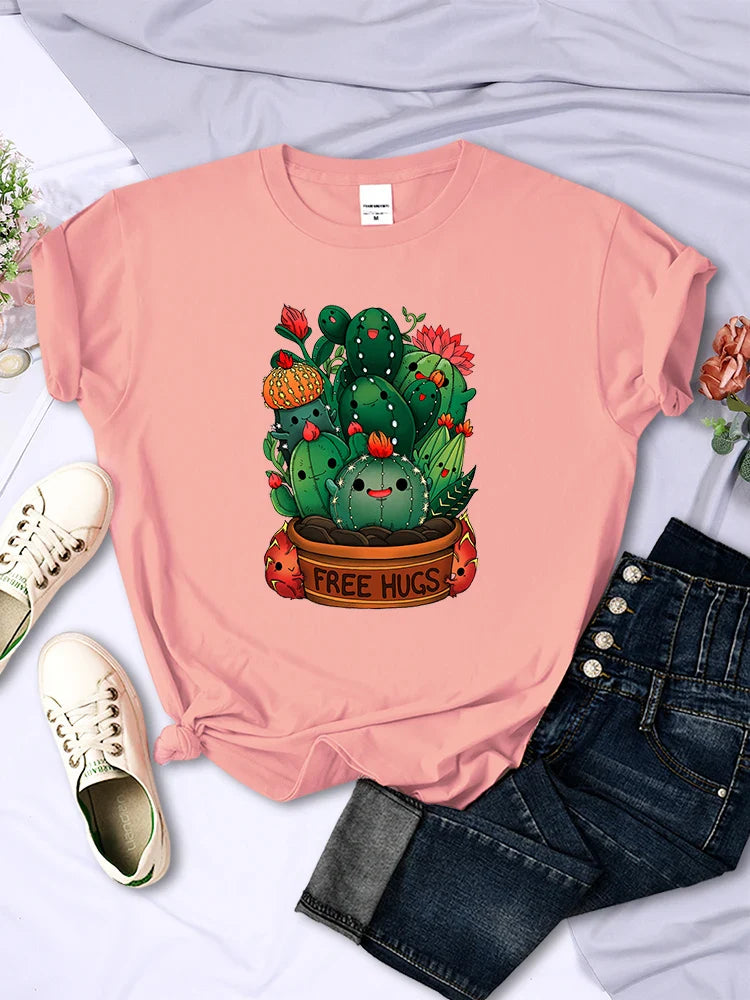 Cute Plant Cactus Free Hugs Print Women's Short Sleeve T-Shirt Casual Personality Street Hip Hop Style All-Match Tee Top