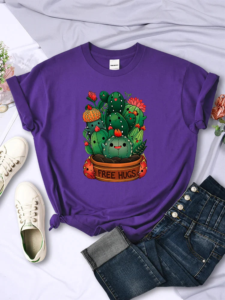 Cute Plant Cactus Free Hugs Print Women's Short Sleeve T-Shirt Casual Personality Street Hip Hop Style All-Match Tee Top
