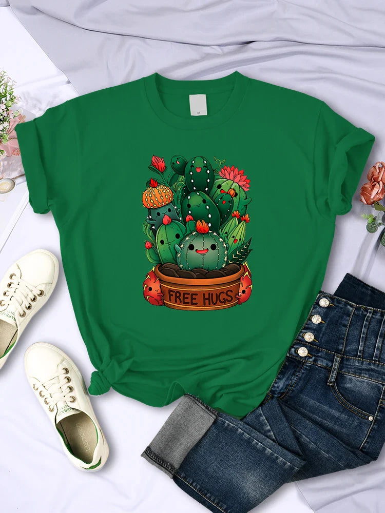 Cute Plant Cactus Free Hugs Print Women's Short Sleeve T-Shirt Casual Personality Street Hip Hop Style All-Match Tee Top