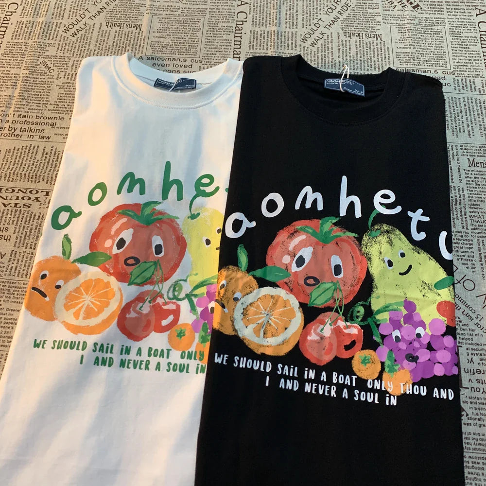 Retro Fruit Print Cotton Round Neck Short Sleeve T-Shirt for Women and Men Casual Loose Fit Versatile Couple Tee