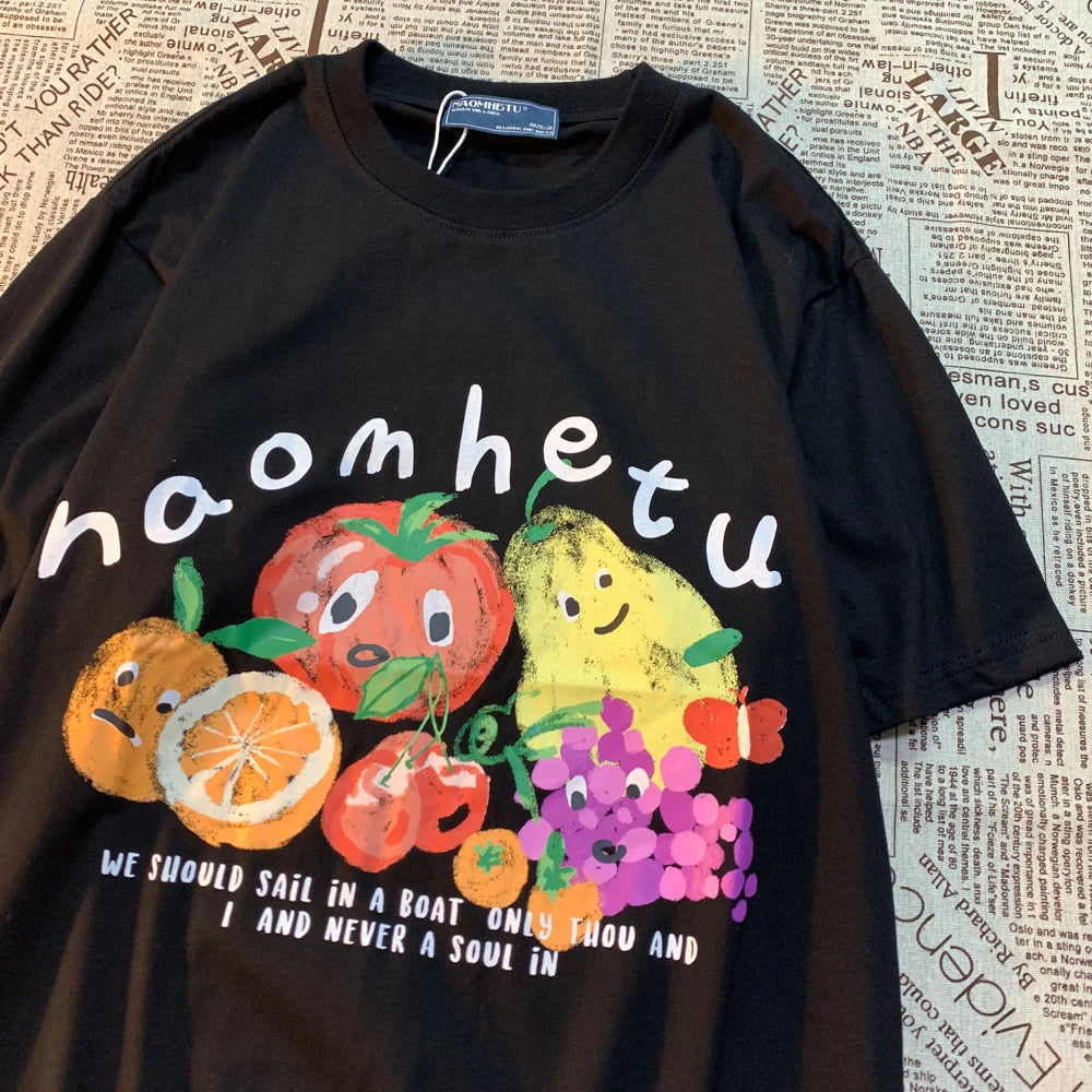 Retro Fruit Print Cotton Round Neck Short Sleeve T-Shirt for Women and Men Casual Loose Fit Versatile Couple Tee