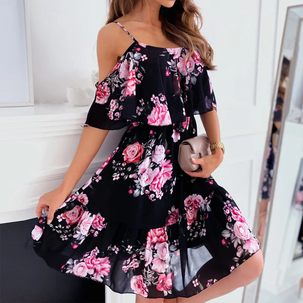 Elegant Chiffon Floral Dress for Women Summer Vacation Casual Beach Sundress with Short Sleeves and Slim Fit