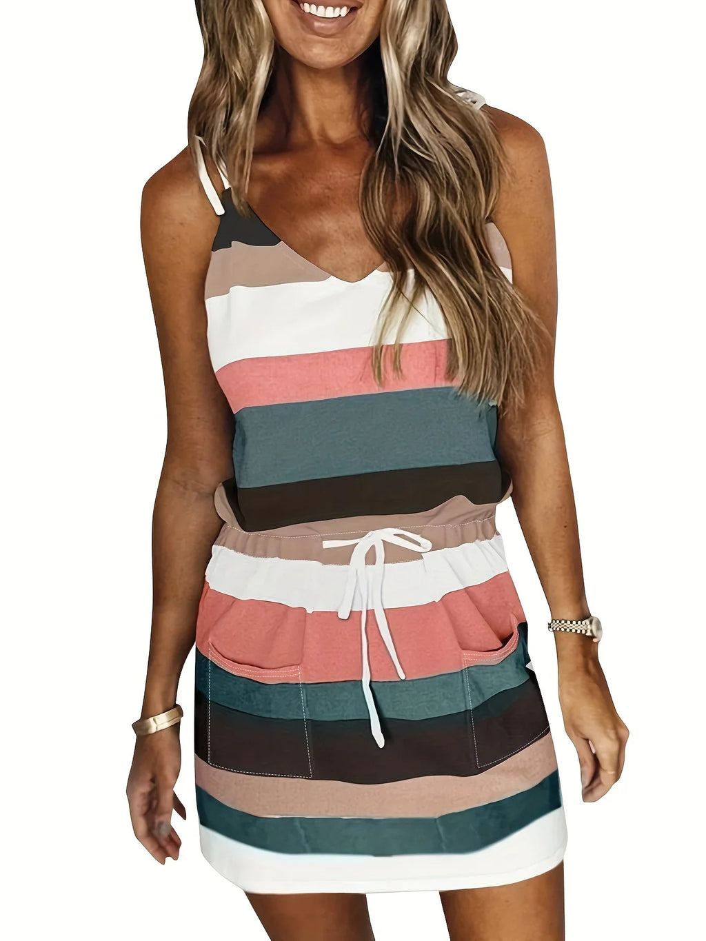 Elegant Sleeveless Summer Dress for Women with V-Neck and Spaghetti Straps, Casual Short Beach Sundress with Striped Print, Perfect for Vacation and Daily Wear