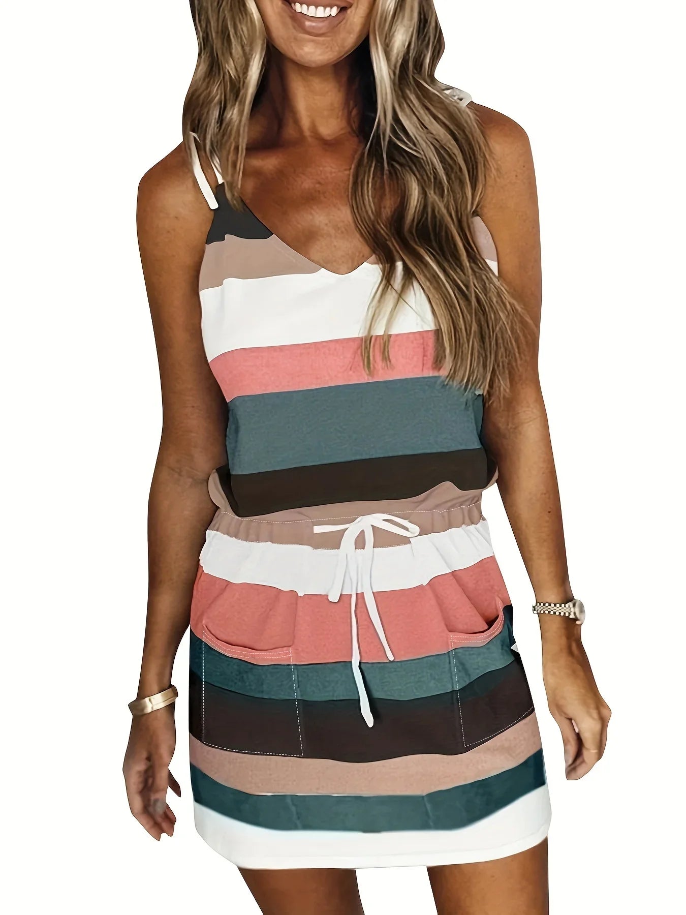 Elegant Sleeveless Summer Dress for Women with V-Neck and Spaghetti Straps, Casual Short Beach Sundress with Striped Print, Perfect for Vacation and Daily Wear