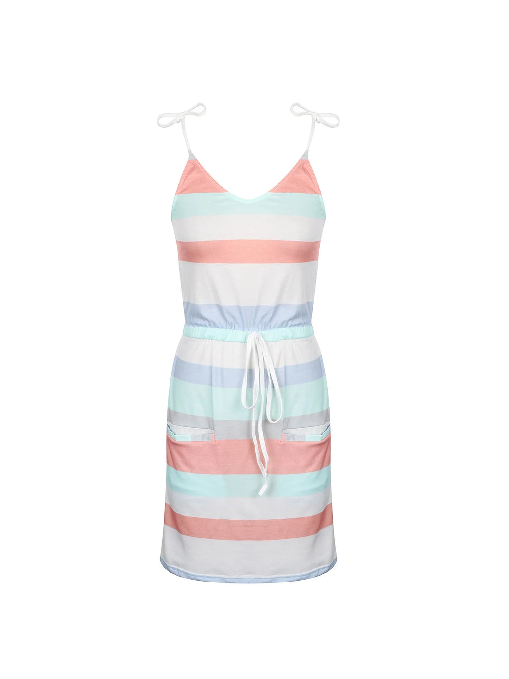 Elegant Sleeveless Summer Dress for Women with V-Neck and Spaghetti Straps, Casual Short Beach Sundress with Striped Print, Perfect for Vacation and Daily Wear