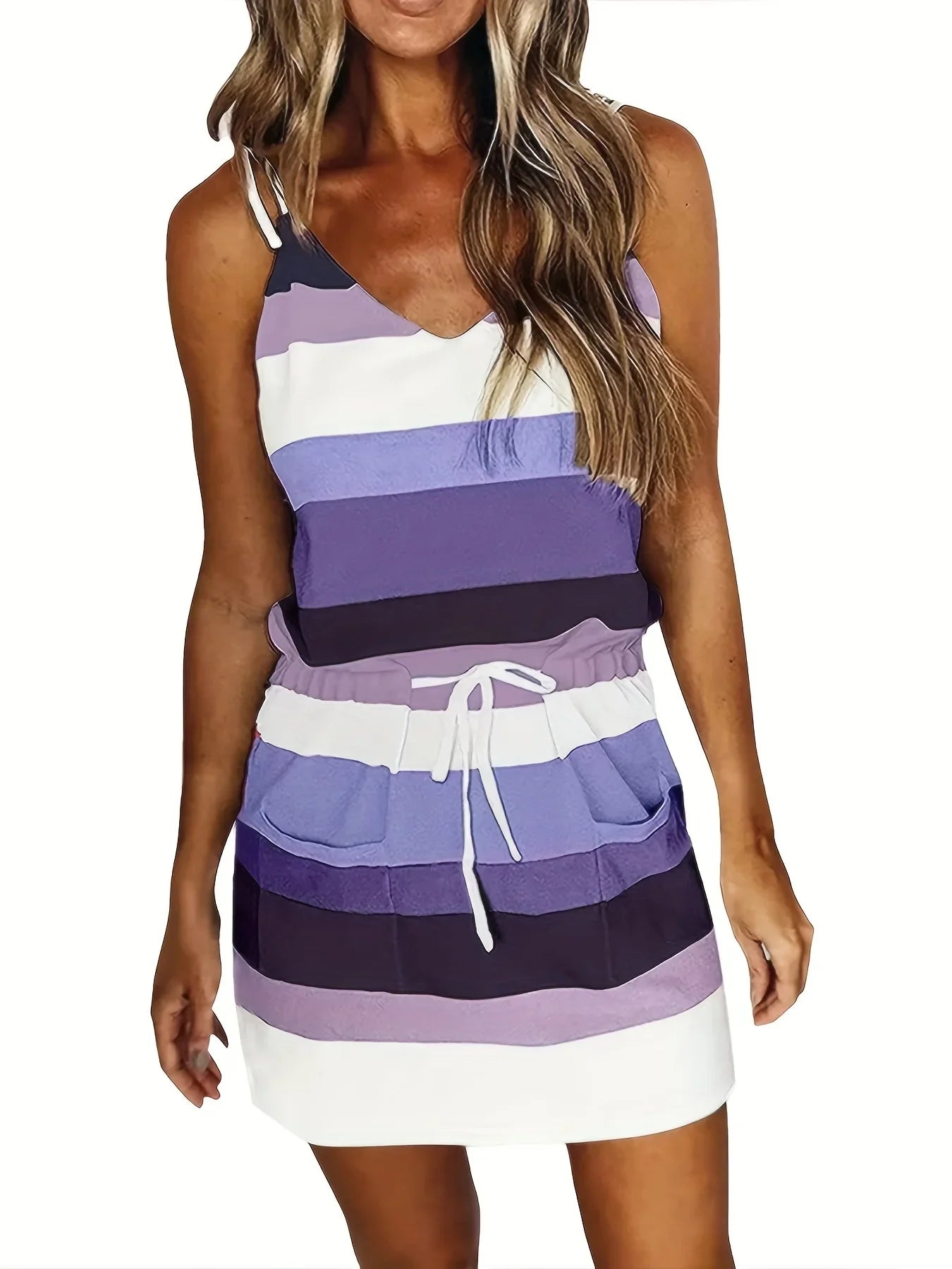 Elegant Sleeveless Summer Dress for Women with V-Neck and Spaghetti Straps, Casual Short Beach Sundress with Striped Print, Perfect for Vacation and Daily Wear