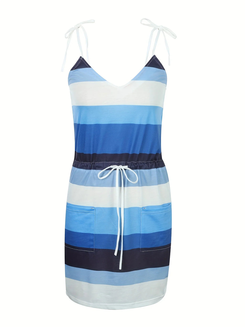 Elegant Sleeveless Summer Dress for Women with V-Neck and Spaghetti Straps, Casual Short Beach Sundress with Striped Print, Perfect for Vacation and Daily Wear
