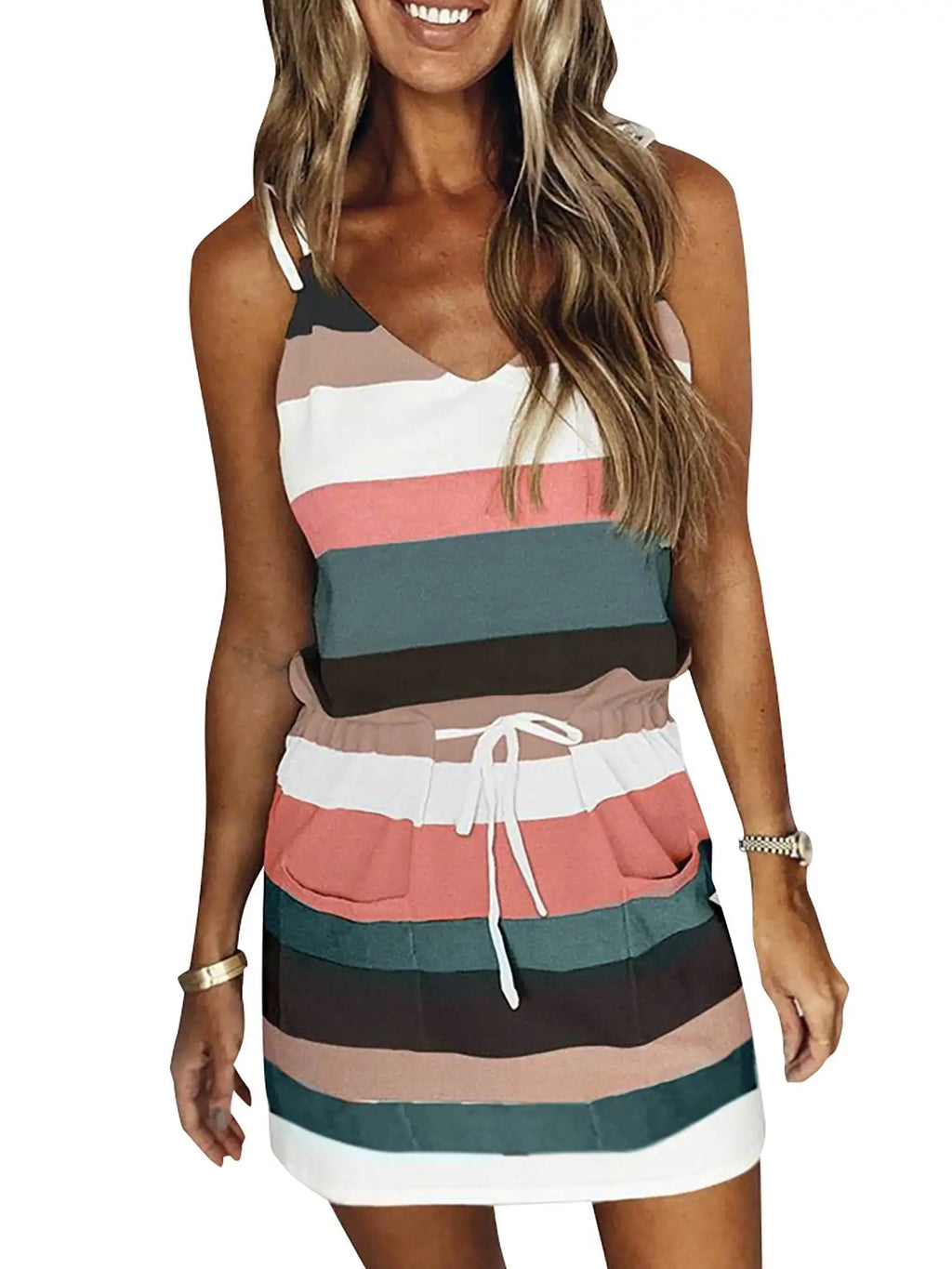 Elegant Sleeveless Summer Dress for Women with V-Neck and Spaghetti Straps, Casual Short Beach Sundress with Striped Print, Perfect for Vacation and Daily Wear