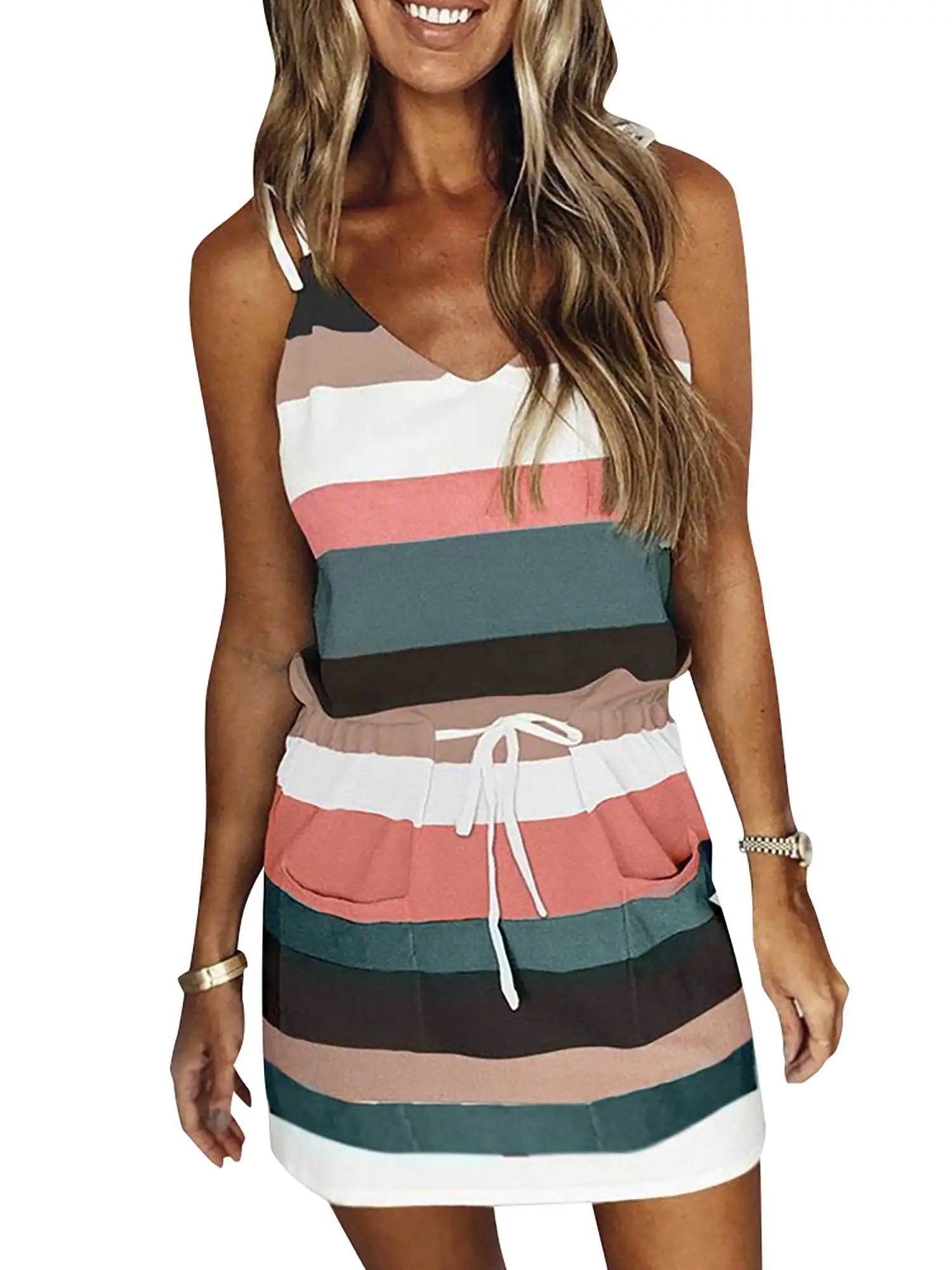 Elegant Sleeveless Summer Dress for Women with V-Neck and Spaghetti Straps, Casual Short Beach Sundress with Striped Print, Perfect for Vacation and Daily Wear