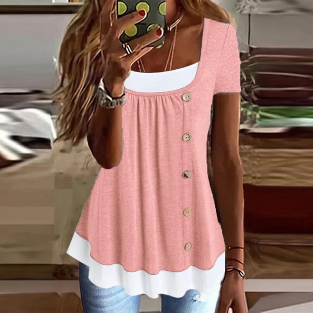 Womens Button Front Ruffle Tunic Top Short Sleeve Casual Loose Fit Summer T Shirt Blouse