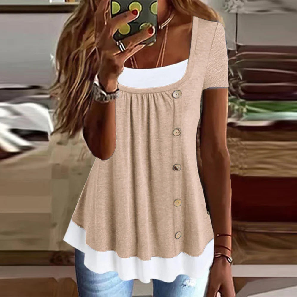 Womens Button Front Ruffle Tunic Top Short Sleeve Casual Loose Fit Summer T Shirt Blouse