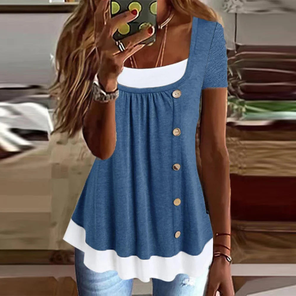 Womens Button Front Ruffle Tunic Top Short Sleeve Casual Loose Fit Summer T Shirt Blouse