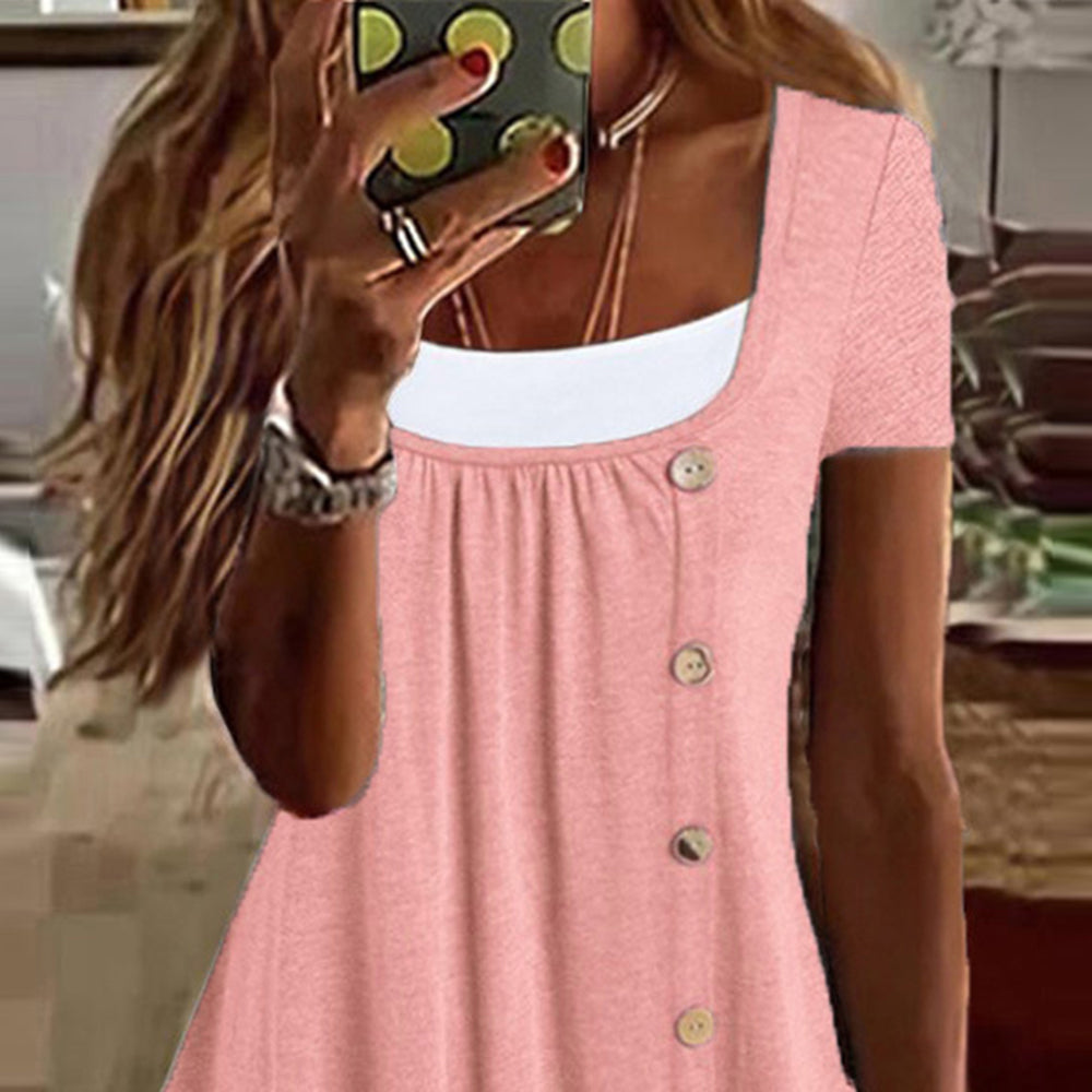 Womens Button Front Ruffle Tunic Top Short Sleeve Casual Loose Fit Summer T Shirt Blouse