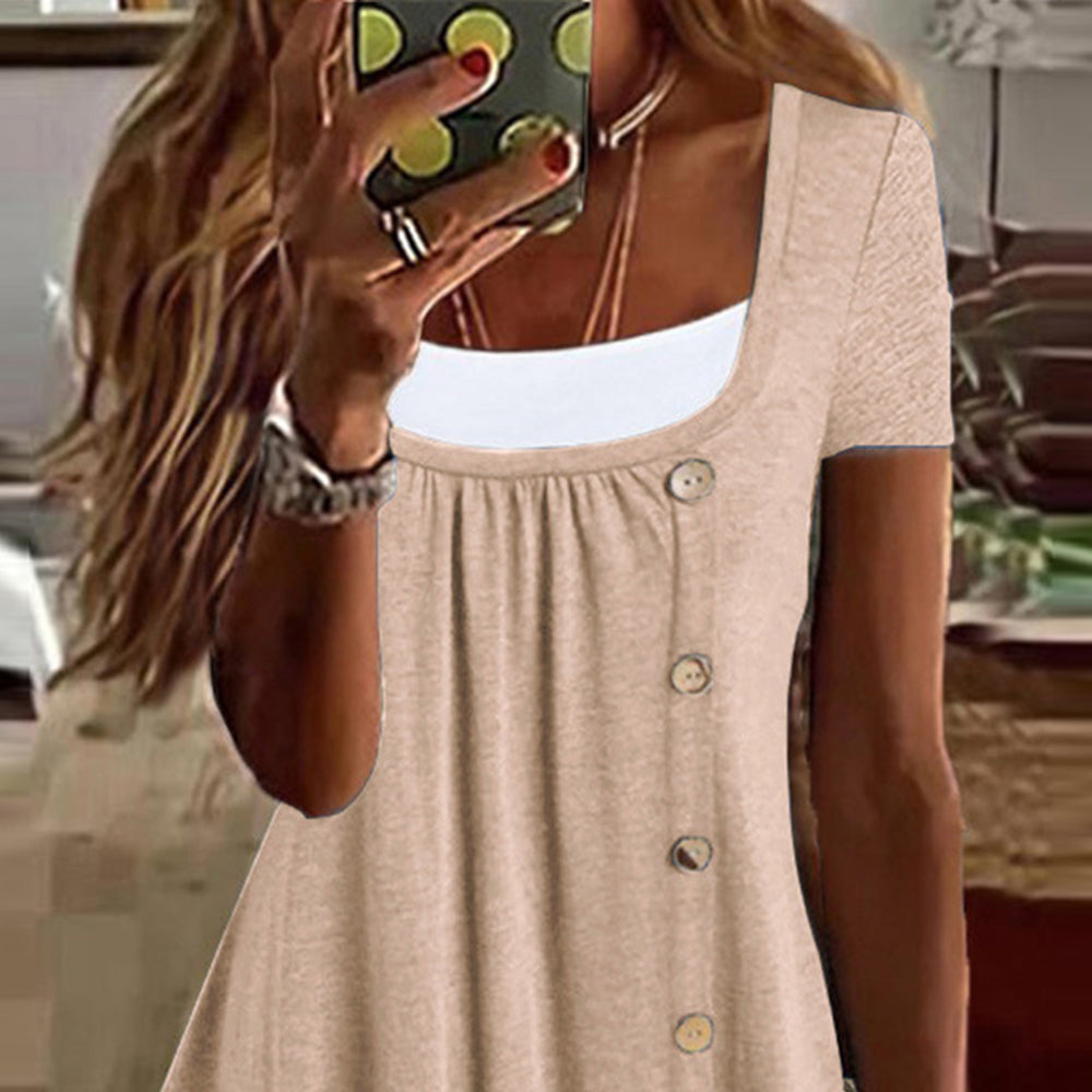 Womens Button Front Ruffle Tunic Top Short Sleeve Casual Loose Fit Summer T Shirt Blouse