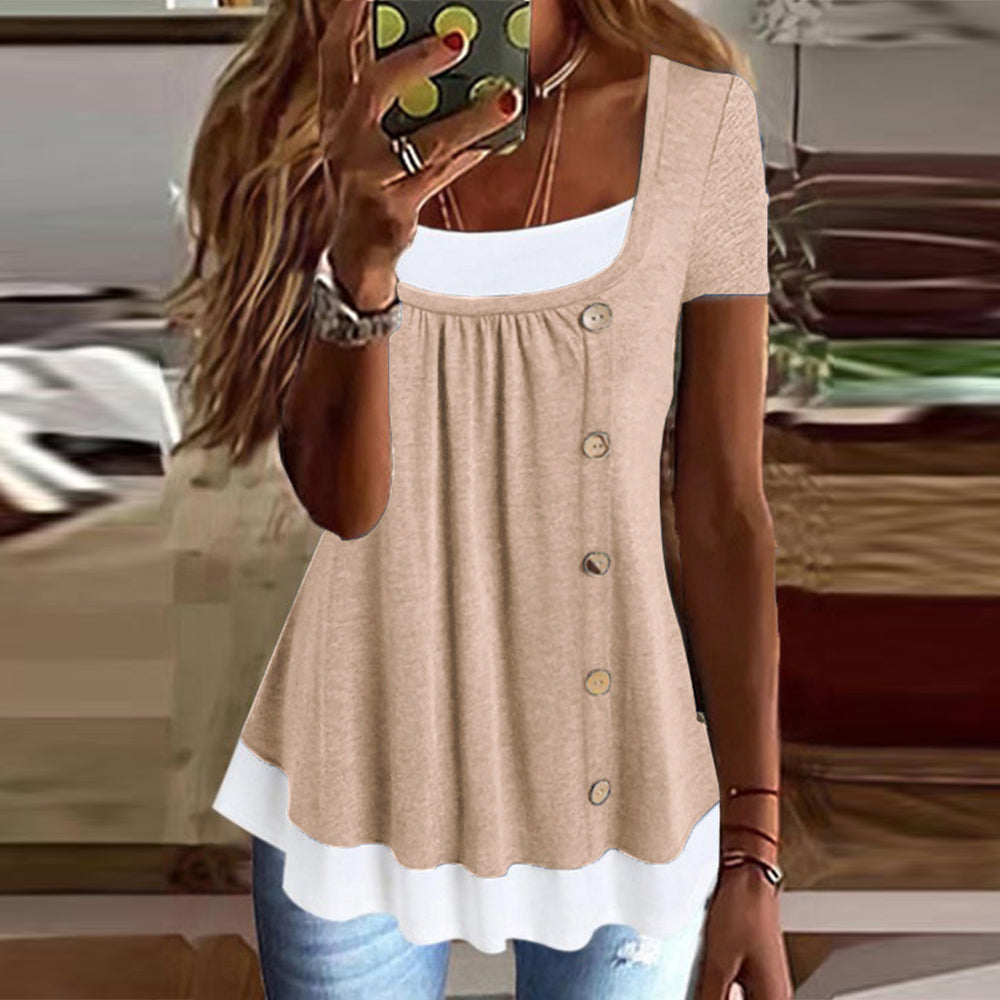 Womens Button Front Ruffle Tunic Top Short Sleeve Casual Loose Fit Summer T Shirt Blouse