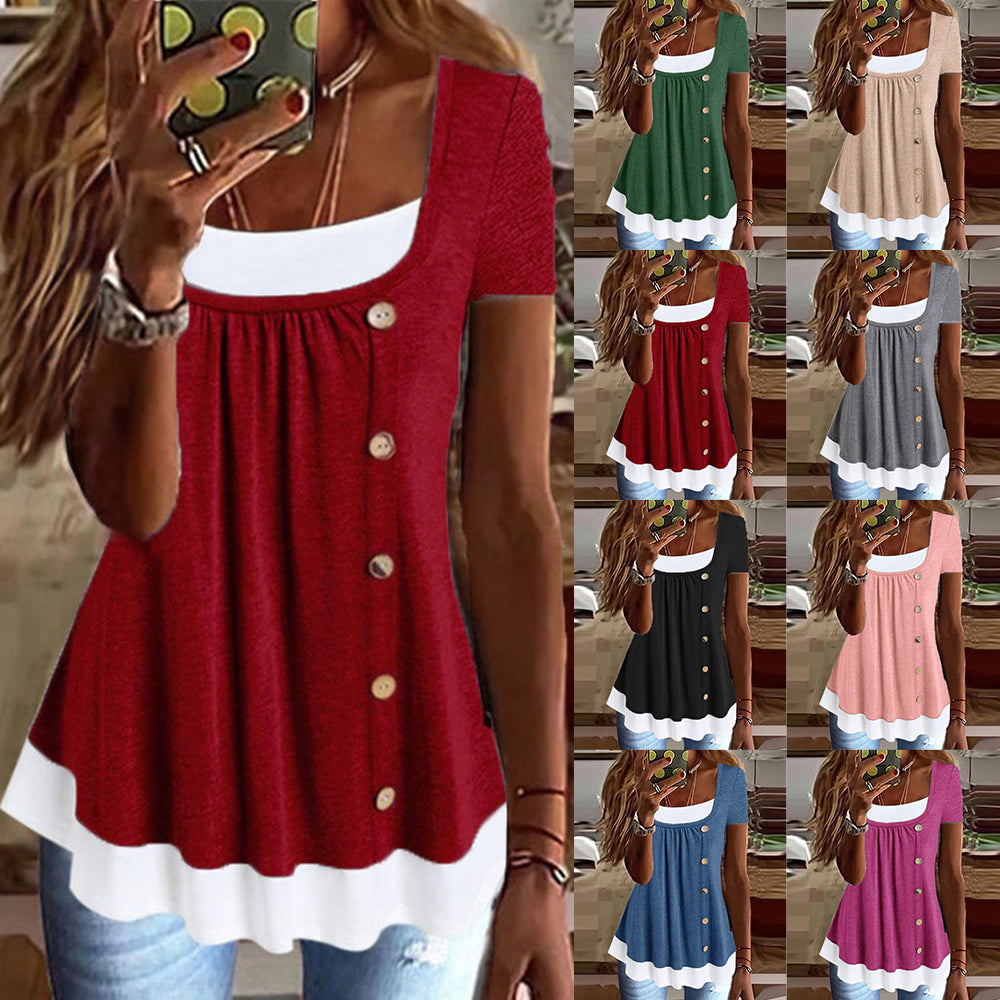 Womens Button Front Ruffle Tunic Top Short Sleeve Casual Loose Fit Summer T Shirt Blouse