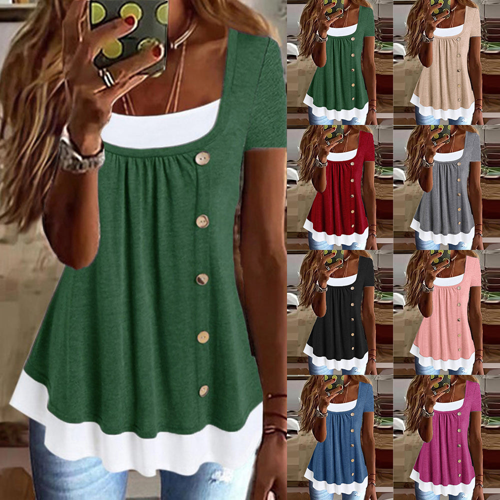 Womens Button Front Ruffle Tunic Top Short Sleeve Casual Loose Fit Summer T Shirt Blouse